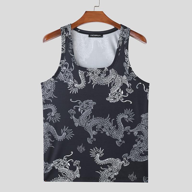 

INCERUN Мужской жилет без рукавов с принтом дракона, тонкие топы для спортзала XL чёрный