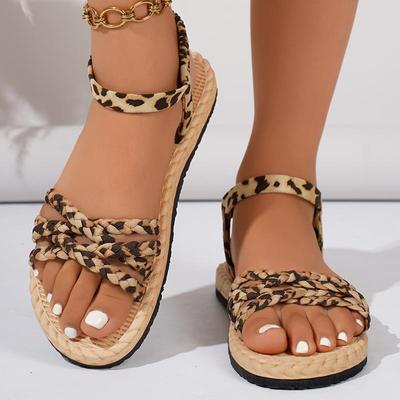 Lässige Leoparden-Sandalen mit gekreuzten Riemen für Damen 2025 Sommer Böhmische Hanf-Innensohlen-Sandalen Leicht Bequem Strandschuhe Übergröße