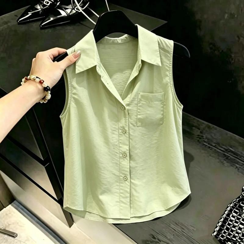 Camicia Casual da Donna con Revers, Tasca Singola, Senza Maniche, Bottoni Frontali