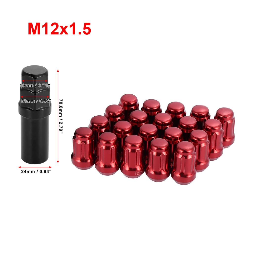 X Autohaux 20pcs Car M12x1.25 M12x1.5 Bulge Acorn Wheel Lug Nuts Cone Screw Racing For Seat with 1 Key Silver Tone