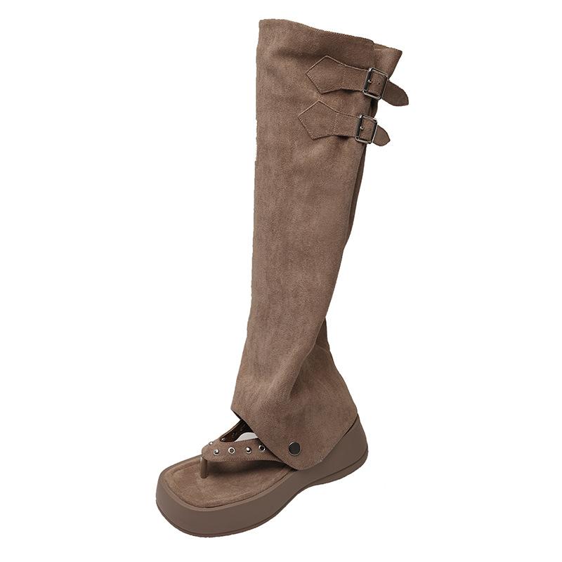 Retro two-wear toe stacking boots women's 2025 summer new thick-soled herringbone high tube Roman sandals trouser tube boots tide