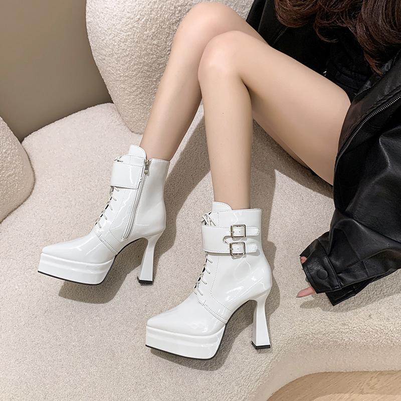 Fashion Temperament Wine Glass Followed Single Boots Women's Fashion Pointed Toe Front Lace-Up Side Zip Platform Non-Slip Booties