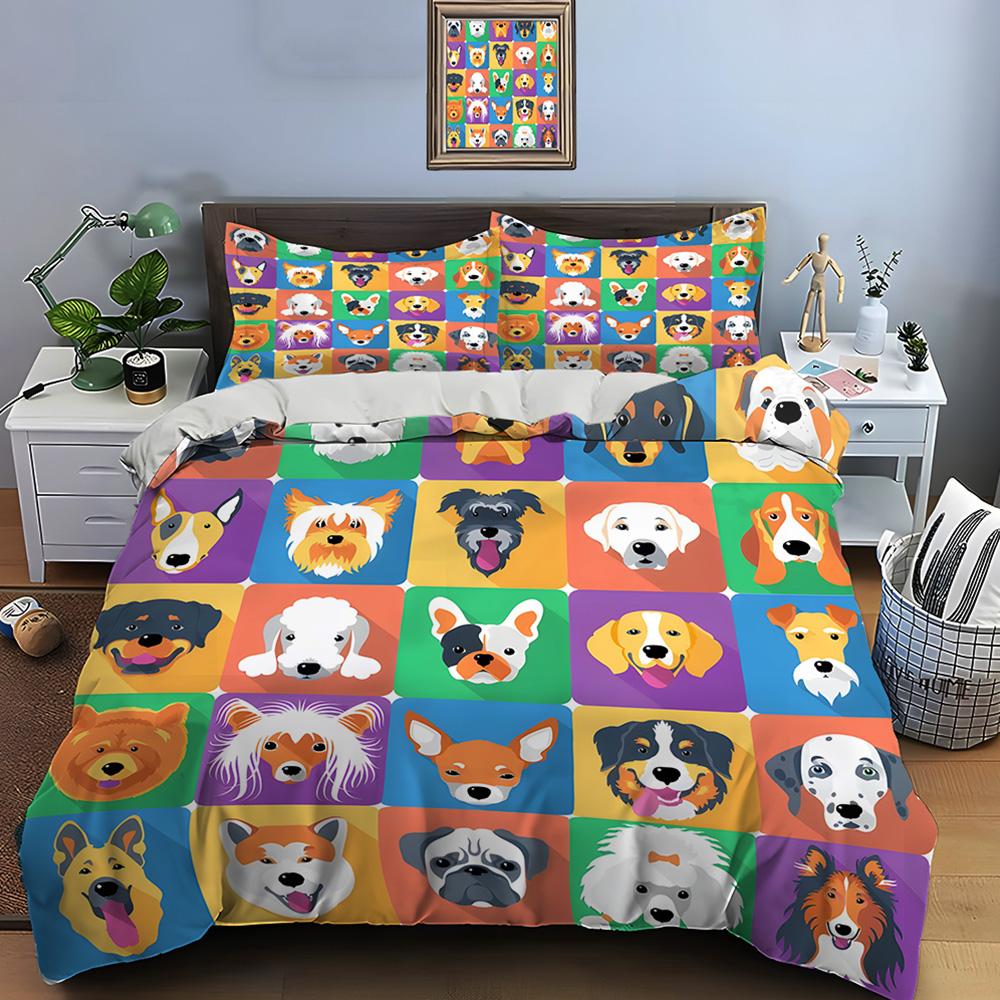 3pcs Various cartoon dog faces Print Bedding Set 1 Duvet Cover 2 Pillowcases for Adult and Children Luxury Gift Full Size