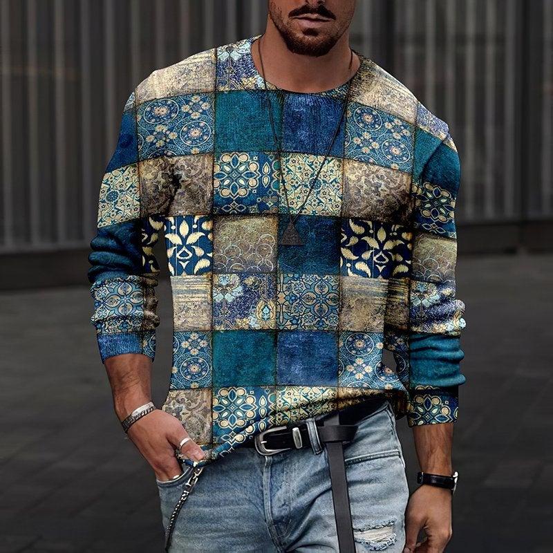 Rundhals 3D-bedrucktes Batik-Streifenmuster Top Modische lässige langärmelige Herren-T-Shirts