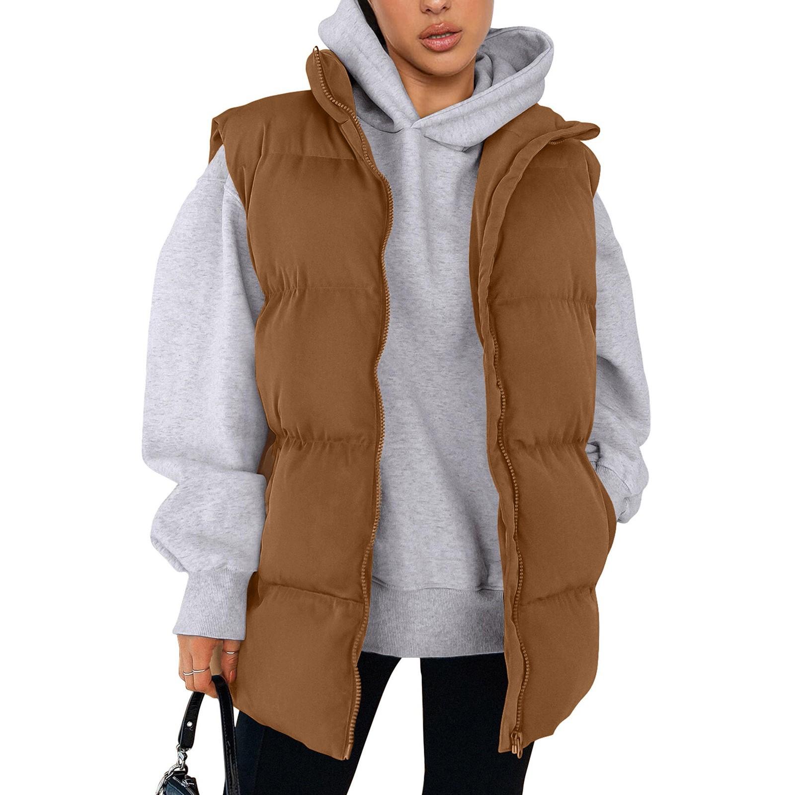 

Женская мода осень жилеты повседневные без рукавов воротник стойка застежка куртка пальто теплая зимняя верхняя одежда S светло-коричневого