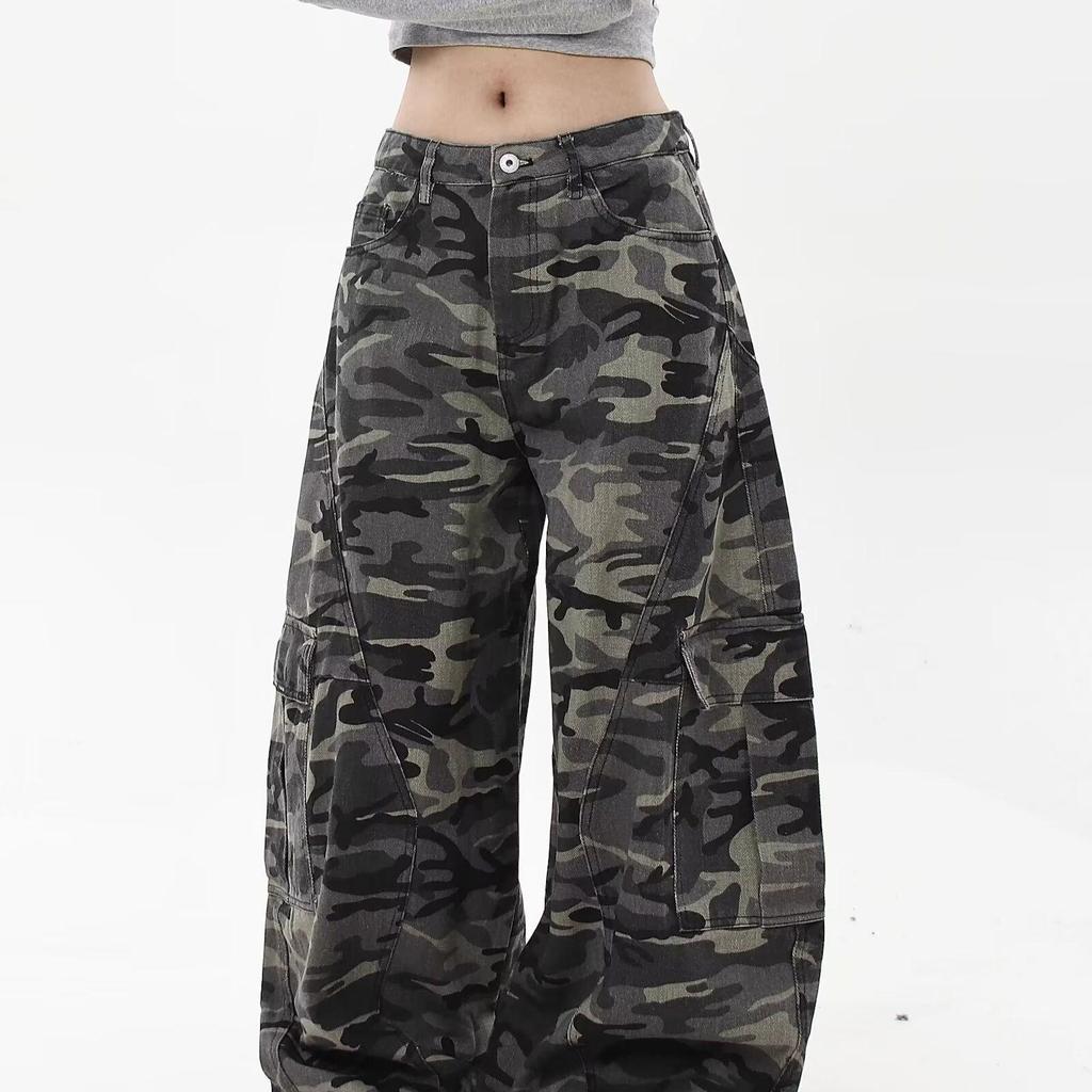 Unisex American Retro Camouflage Cargo Pants, Spring/Autumn 2024, Loose Fit, Multi-Pocket, Washed Style