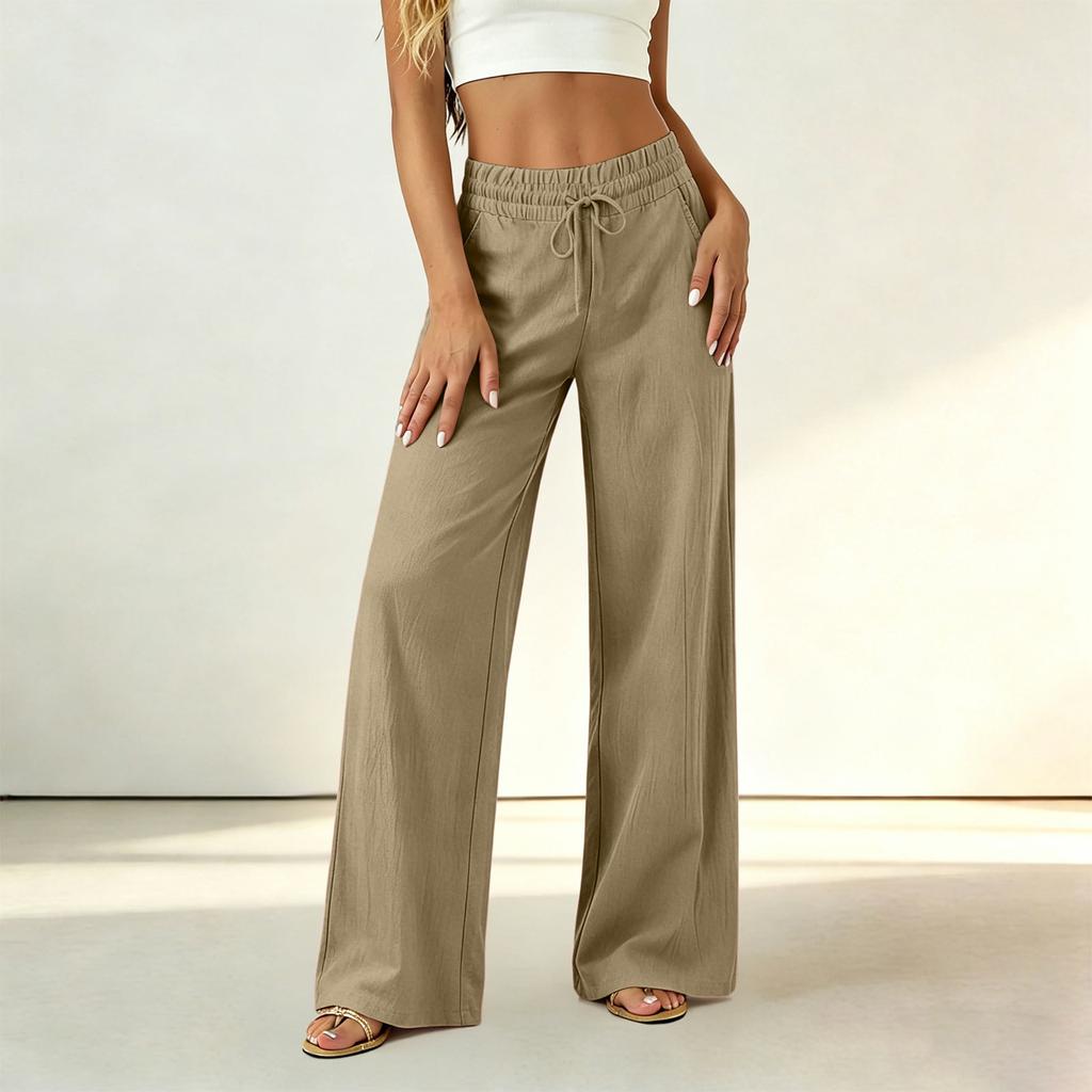 Women High Waist Loose Fit Trousers Drawstring Wide Leg Pants Elastic Waistband Casual Office Style Lightweight Fabric