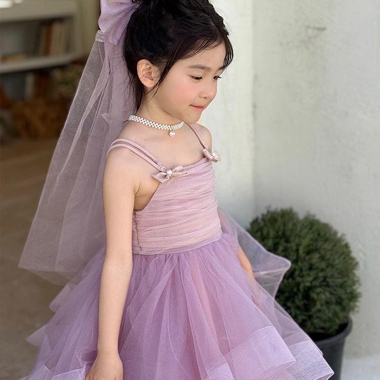 High end girls' dress summer 2026 beautiful children's suspender pink princess dress fluffy veil birthday dress