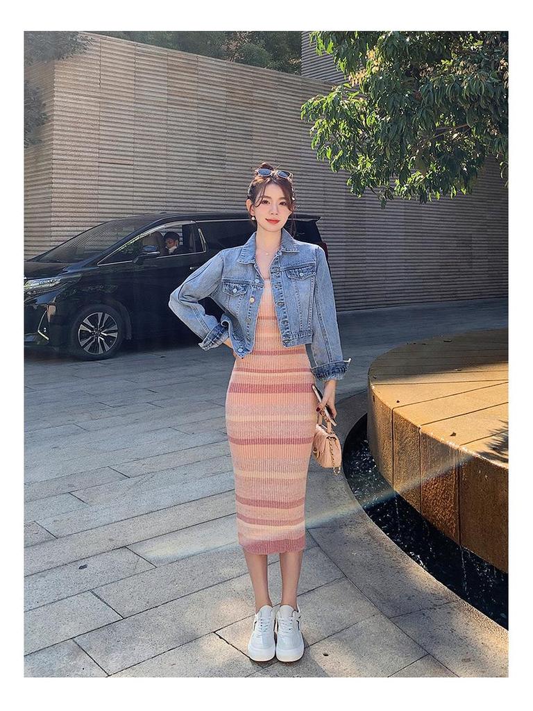 Women's Rainbow Stripe Sleeveless Knit Tank Dress - Slim Fit Summer Mid-Length