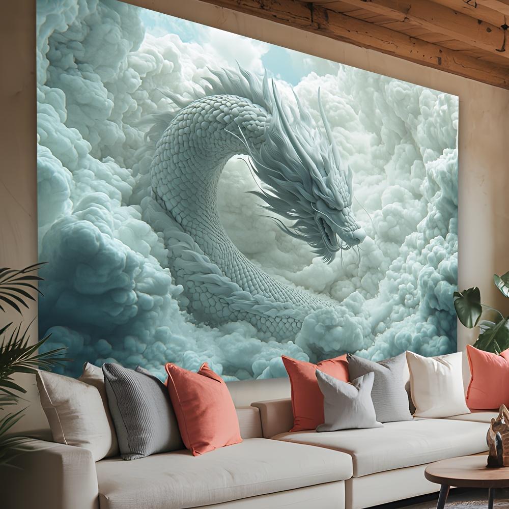 1 Stück Drache in den Wolken Wandteppich mit komplexem weißem Drachenmuster, Polyestergewebe, geeignet für Wohnzimmer, Schlafzimmer