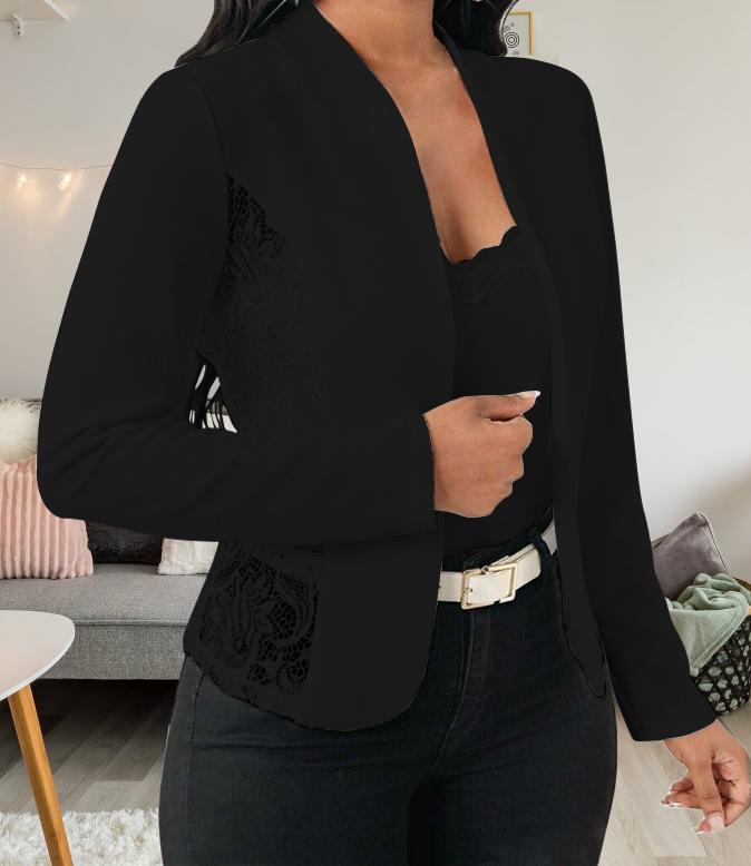 Jesień Zima Nowy Modny Jednolity Kolor Koronka Temperament Eleganckie Łączenie Otwarty Kołnierz Slim Fit Długi Rękaw Damski Płaszcz