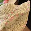 Sun Hat Pastoral Style Hand-Woven Flower Pattern Wide Brim Bucket Hat Vacation Leisure Sun Protection Hat