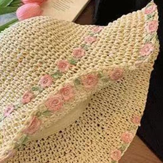 Sun Hat Pastoral Style Hand-Woven Flower Pattern Wide Brim Bucket Hat Vacation Leisure Sun Protection Hat