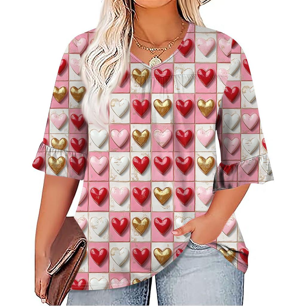 Women's Fashion Casual  Printed V-Neck Pleated Seven Minute Sleeve Ruffle Sleeve T-Shirt Plus Size Tops