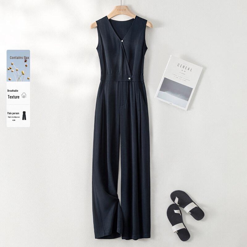 IHIMI Women s Fashion Linen-Look Suspenders Jumpsuit L