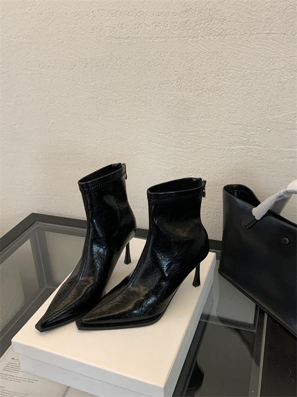 2025 новые осенне-зимние простые однотонные остроносые тонкий каблук средний каблук короткие ботильоны высокий каблук тонкие модные французские ботильоны 35