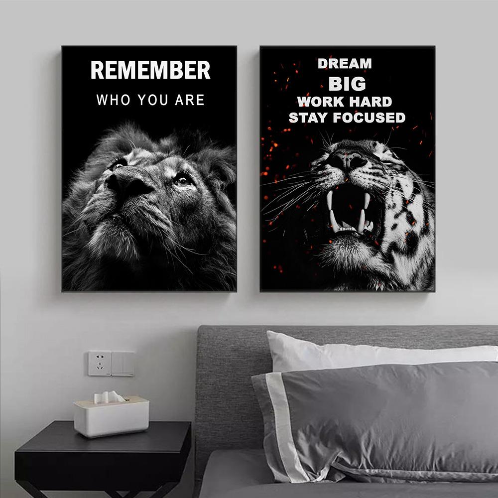 Lion and Tiger Motivational Text Posters Wall Art Canvas Prints Modern Animals Paintings Living Room Home Office Decor Pictures