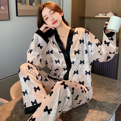 French Romantic Elegant Bow Print Women's Pajamas Fashion Female Chic Fleece Nightgown 2024 New Autumn Winter Home Sleepwear