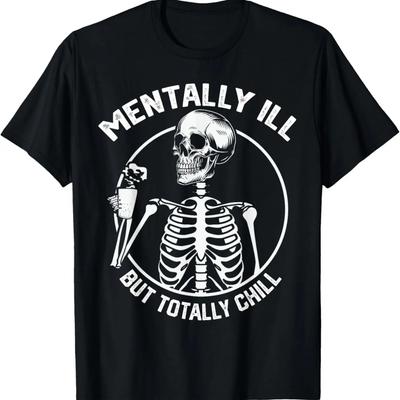 Geistig krank, aber total entspannt Halloween Skelett Kaffee T-Shirt,Bequeme reine Baumwolle