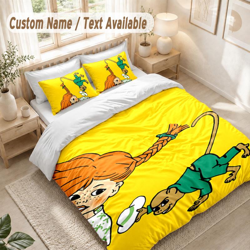 Pippi Longstocking Bedding Set, 1 Duvet Cover & 2 Pillowcases Soft Comfortable Bedroom Home Textile Decor