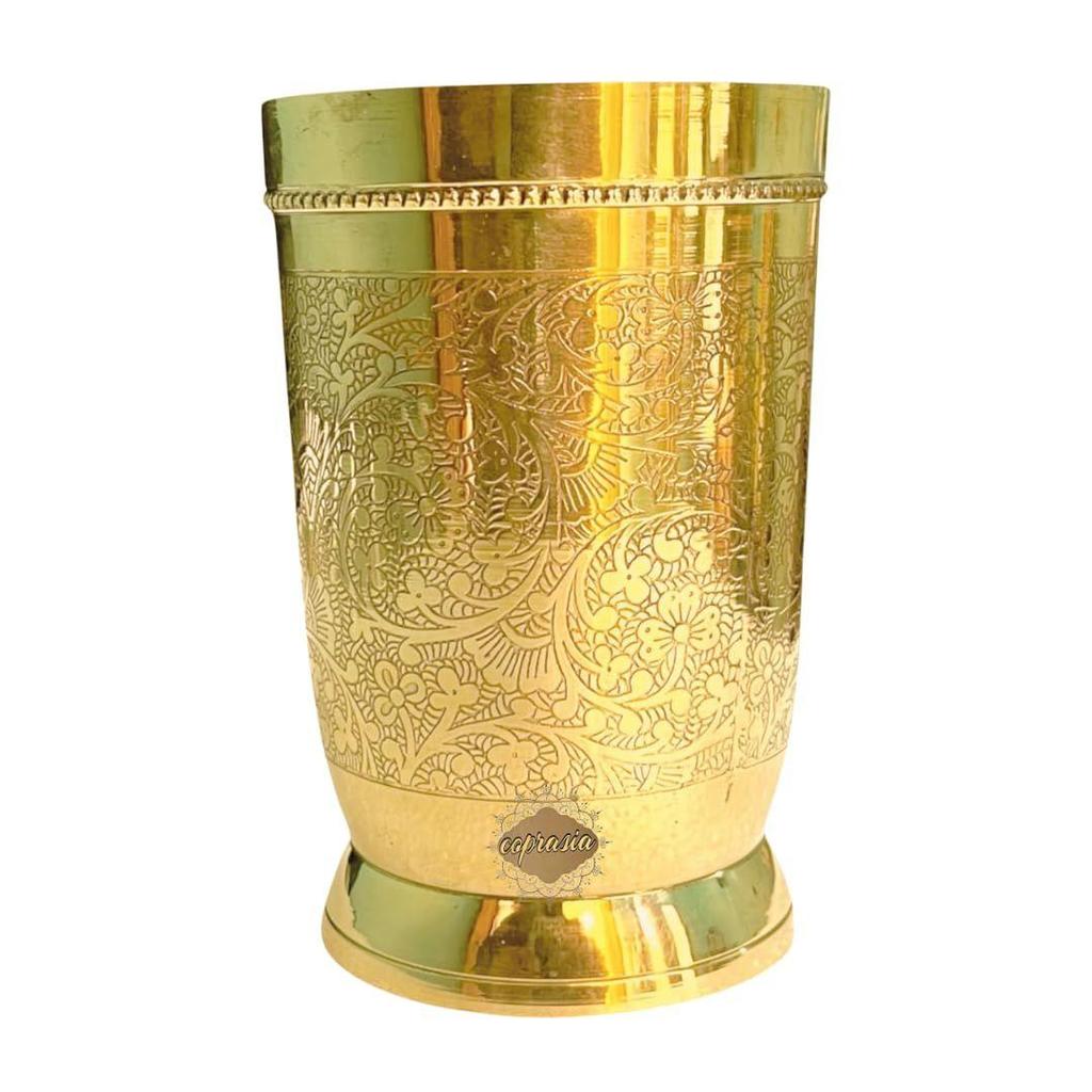 Brass Dining Glass || Drinking Brass Glass || Brass Tumbler with Embosed Design - Capacity 300 ml (Pack of 2 Glasses)