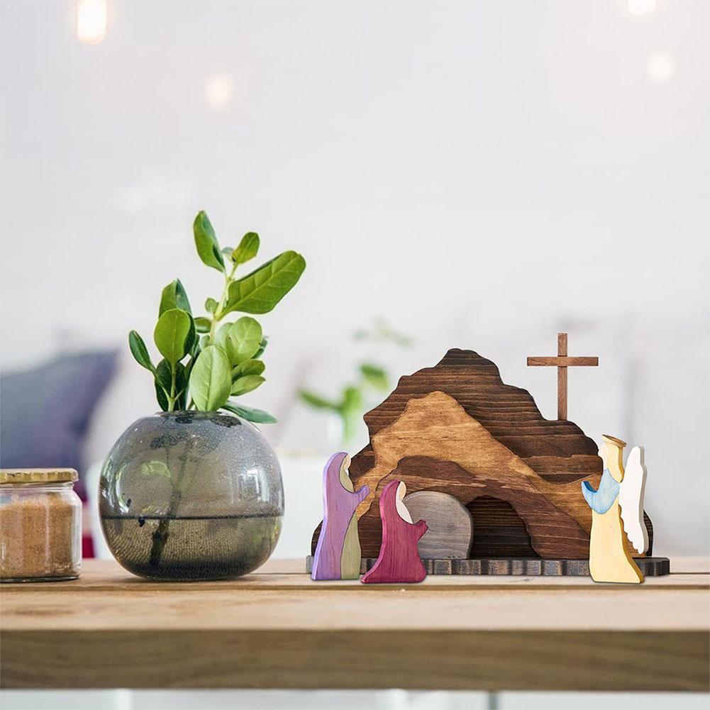 Wooden Easter Resurrection Scene Set Empty Tomb Cross Jesus Statue Christian Home Tabletop Tiered Tray Decor Religious Gift