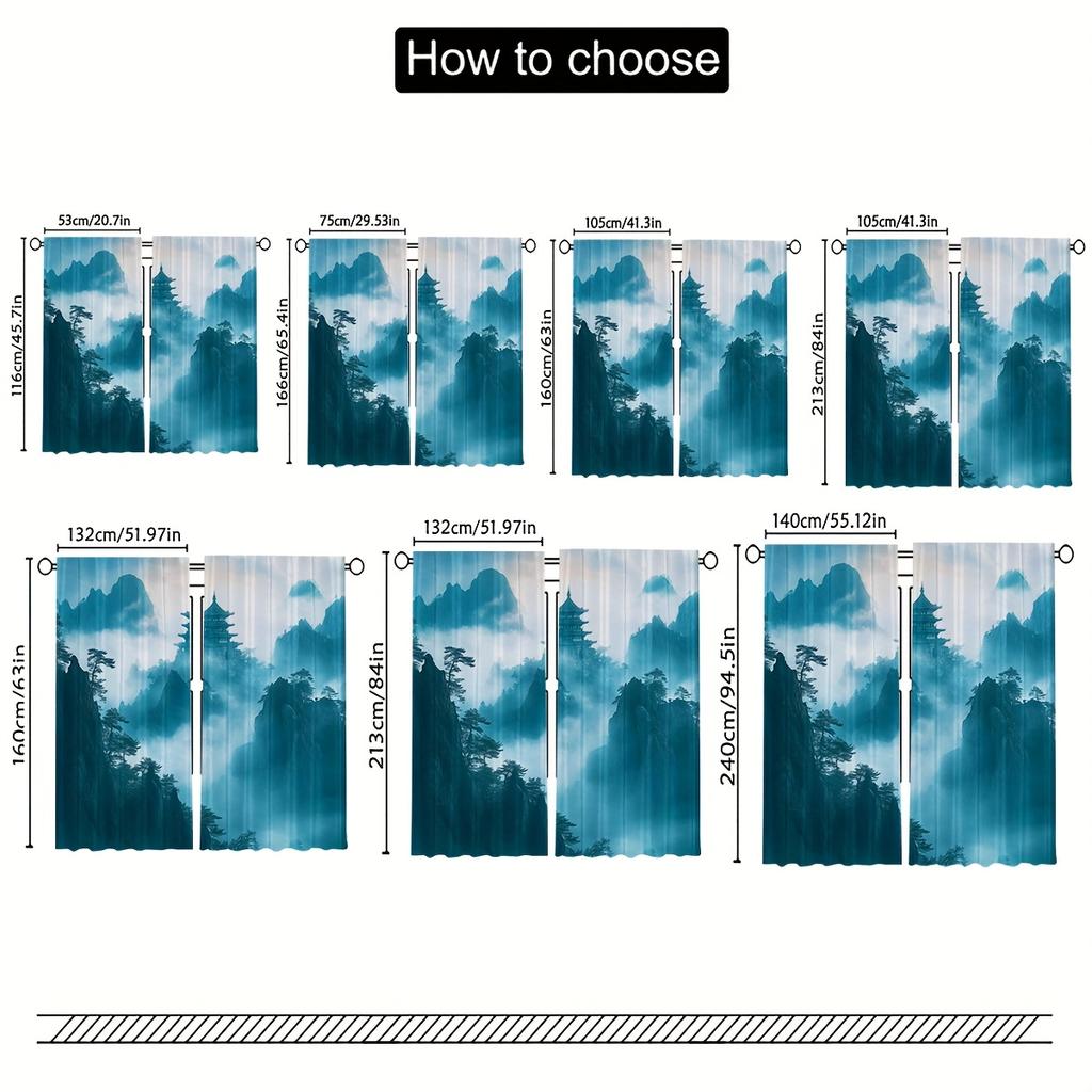 2pcs Tranquil Mountain & Pagoda Print Curtains - 16K Ultra HD   Misty Forest Design with Foggy Peaks   Semi-Transparent Polyester