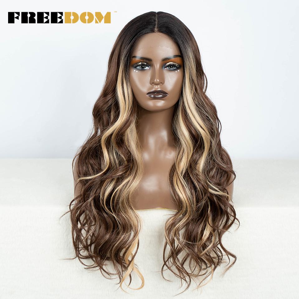 FREEDOM Synthetic Lace Front Wigs For Women Long Wavy 30" Body Wavy Long T Part Lace Wig Ombre Blonde Ginger Blue Cosplay Wig