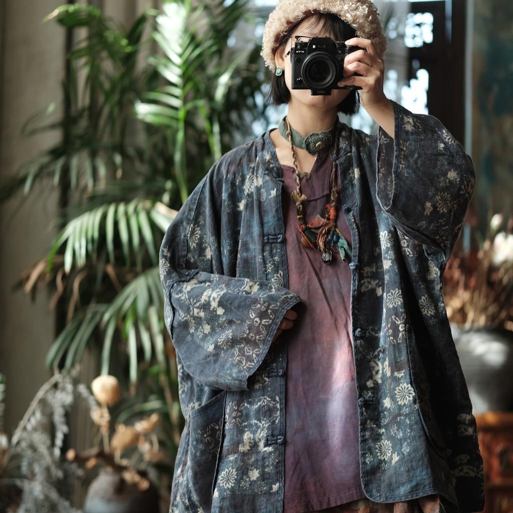 Johnature Women Vintage Print Floral Shirts Tops Print Floral Linen Blouses Spring Stand Long Sleeve Women Shirts