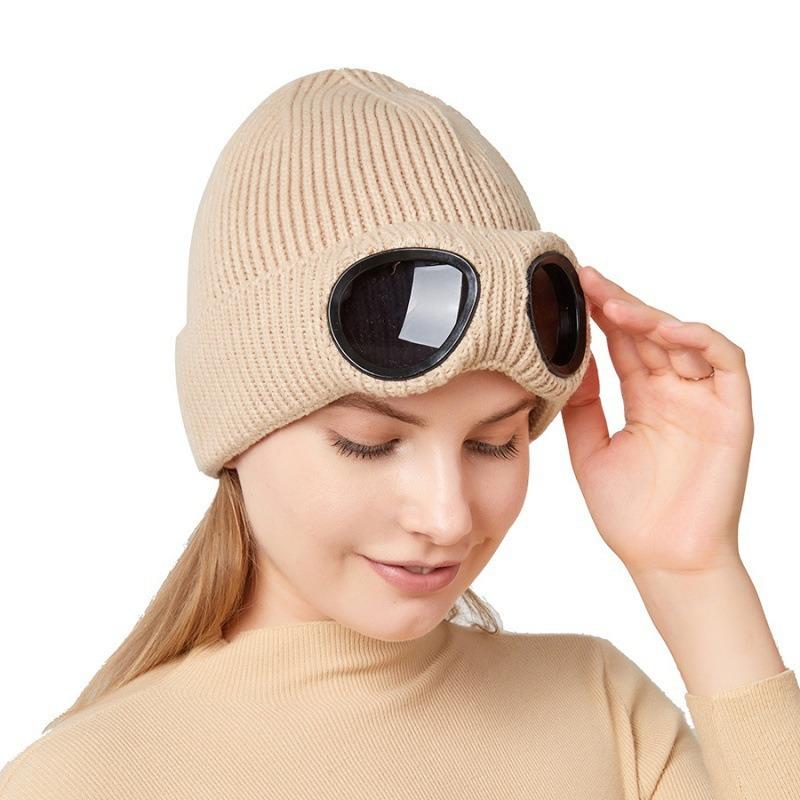 Hat Autumn and Winter Men's and Women's Windproof Glasses Fleece Ski Knitted Hat Warm Wool Hat