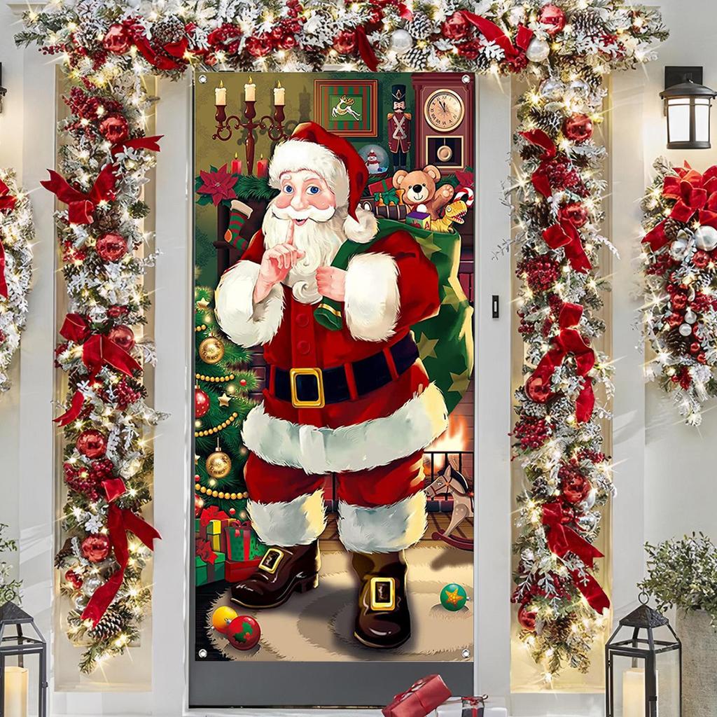 Christmas Door Decorations Santa Design Holiday Door Cover Holiday Background Decorations For Home Children's Room Kitchen Party