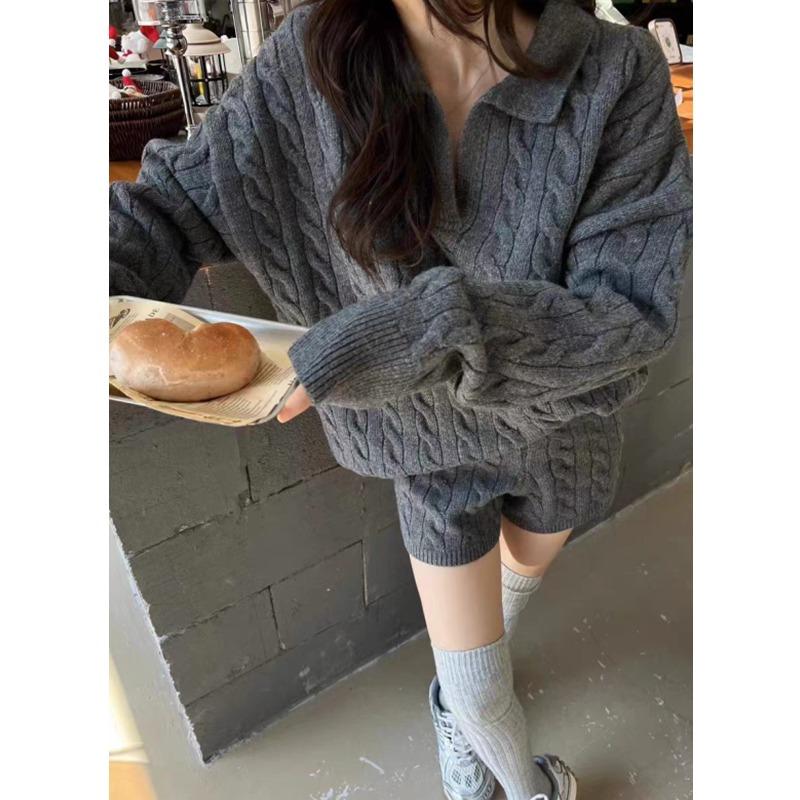 Elegant Fashion Autumn Winter Pullover Women Sweater Knitted Shorts 2 Two Piece Sets Loose Office Outfits Lapel Casual Long Sleeve Tops