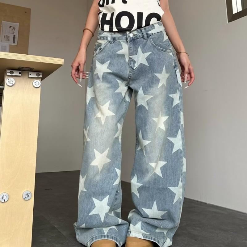 Washed Star Print Straight Fit Denim Pants Unisex Loose Wide Leg Streetwear Jeans