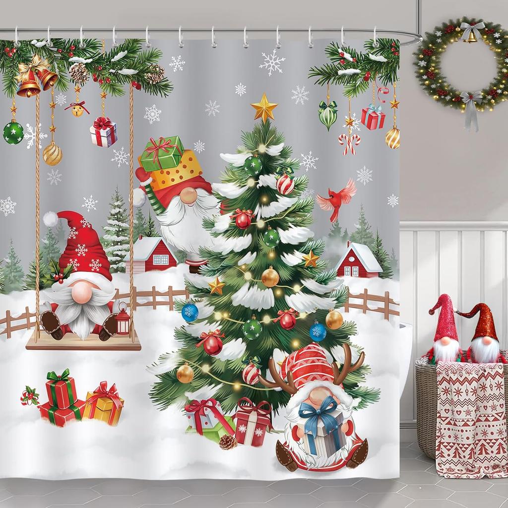 Christmas Gnomes Shower Curtain with Grey Xmas Tree Pine Pattern, Waterproof Winter Holiday Bathroom Decor for Gift Idea