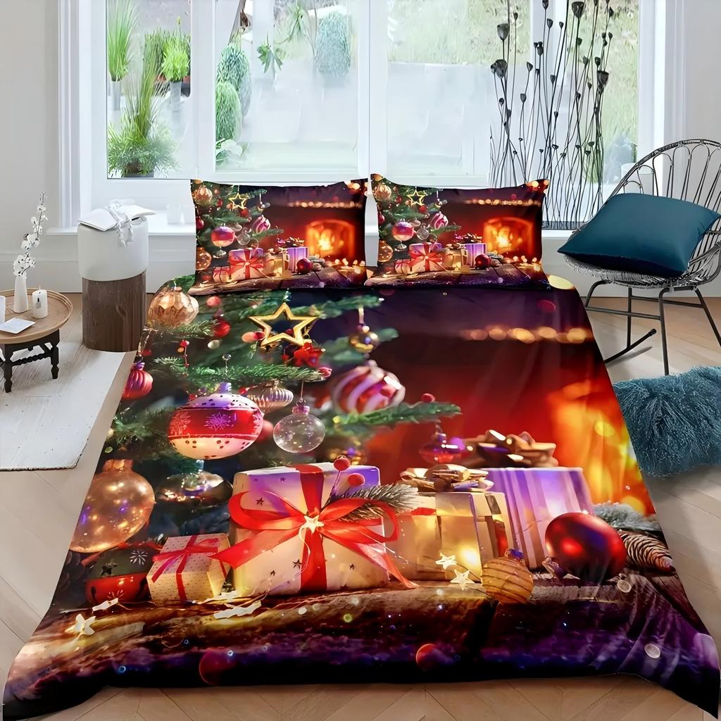 Christmas Tree Train Gift Santa Claus 3D Printed Quilt Cover Christmas Theme Comfortable Home Textiles Duvet Cover Pillowcases
