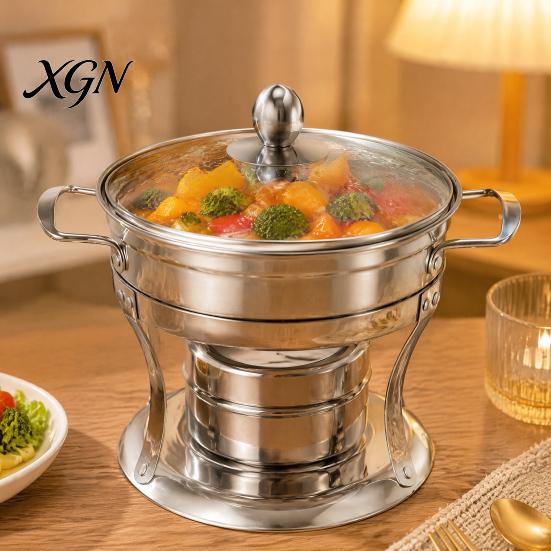 Small Buffet Warmer Chafers And Warmers Set with Glass Lid, Round Stainless Steel Compact Vacuum Insulated Meal Box Thermal Serving Bowl, Catering