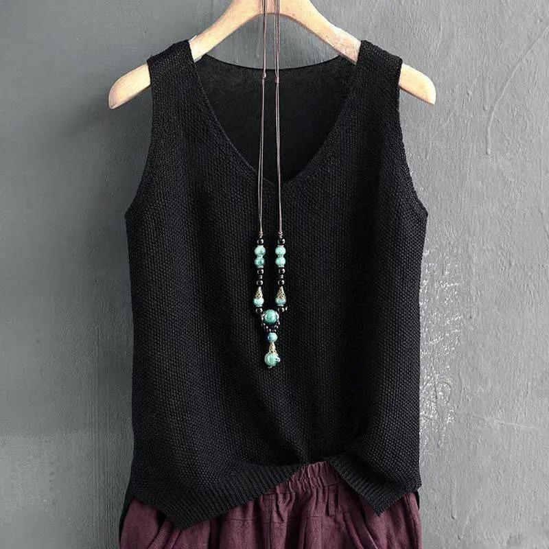 Fashion Large Size Ice Silk Suspender Vest Women's V Neck Knitted Bottoming Shirt Sleeveless Top Elegant Solid Color Loose Casual Simple Shirts