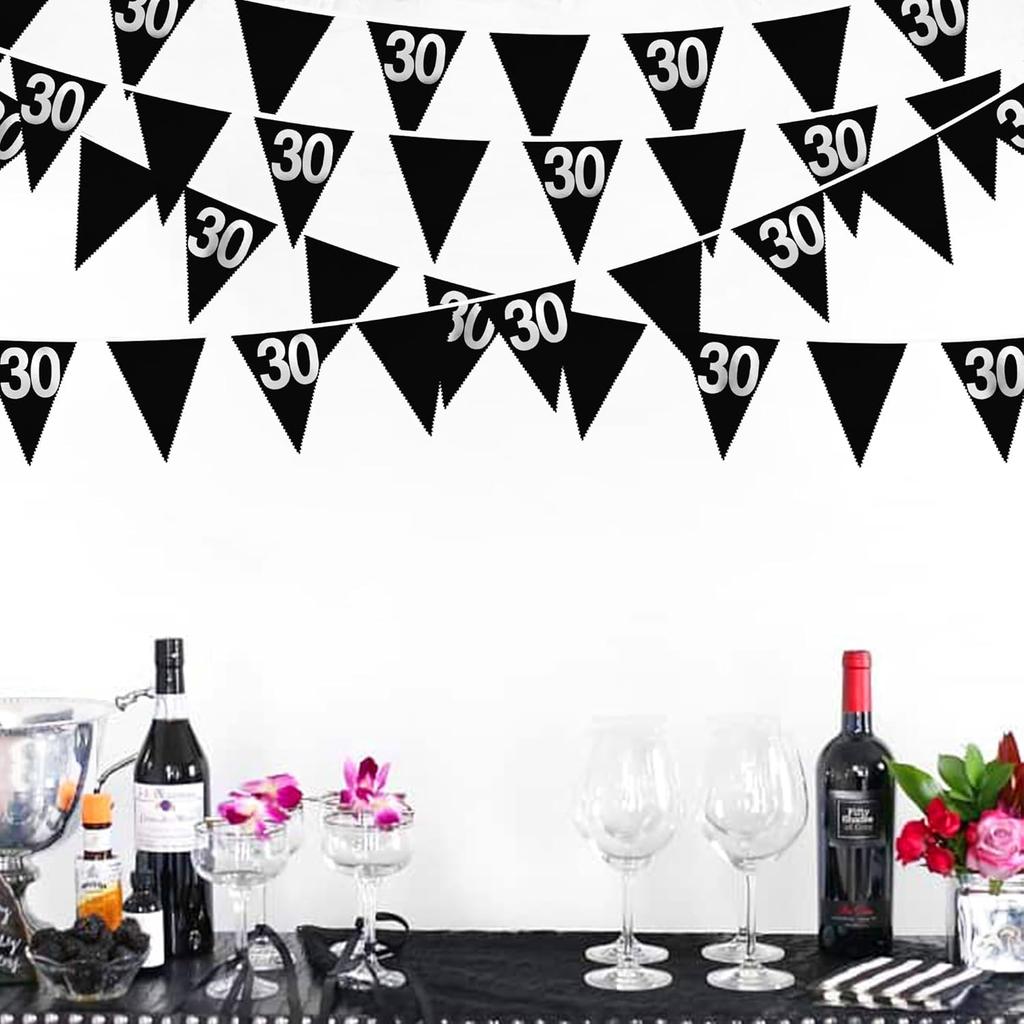 26FT Black Silver 30th Birthday Party Decorations Fabric Pennant Banner Garland Streamers for Women Mens Dirty Thirty 30 and Fabulous Birthday Cheers