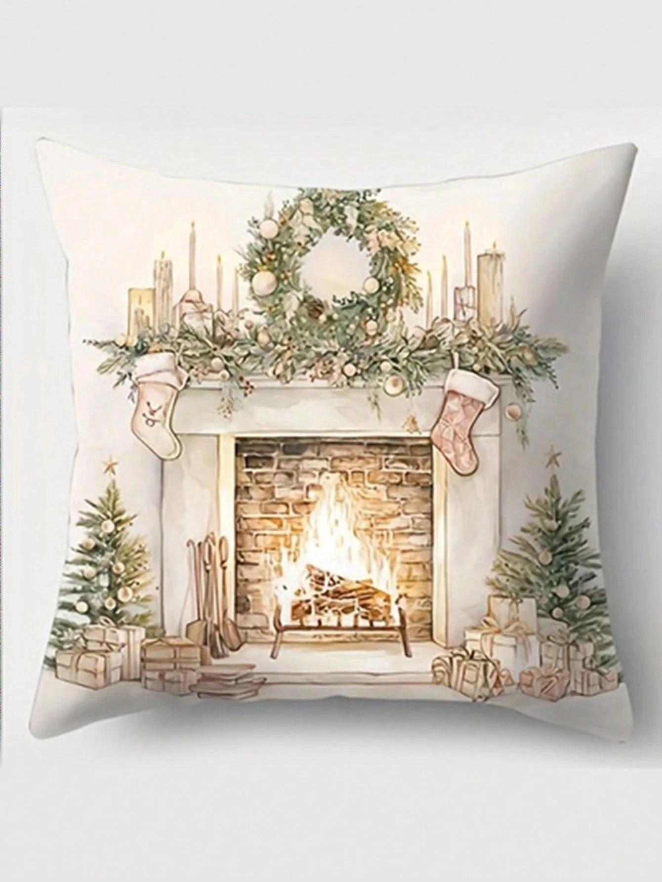 

1pc Christmas Festive Pillowcase 2D Print Poinsettia Ornament Pattern Wall Decor Present Elegant Seasonal 18x18Inch