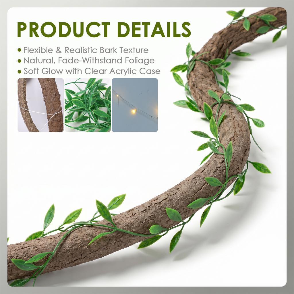 Artificial Vines Decor 25Pcs 35inch Greenery Stem with LED Light 9.84ft Bendable Rattan Vine for Home Wall Wedding Arch Decor