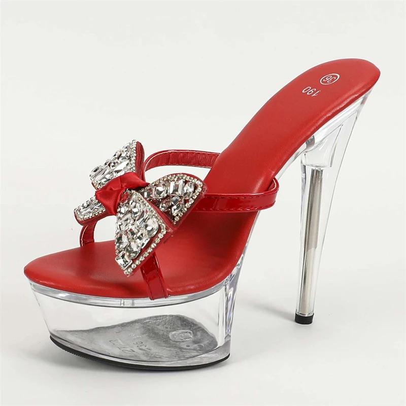 Eilyken Summer Sexy Peep Toe Crystal Bowknot Women Slippers Stiletto Heels Stripper Sandals Platform Slide Shoes