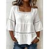 Summer Women's Solid Color Linen Cotton Square Neck Lace Trim 3/4 Sleeve Casual Top