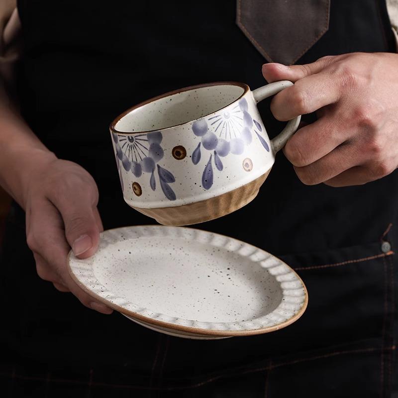 Elegant Niche Ceramic Coffee Cup and Saucer Set In Retro Coarse Pottery Design