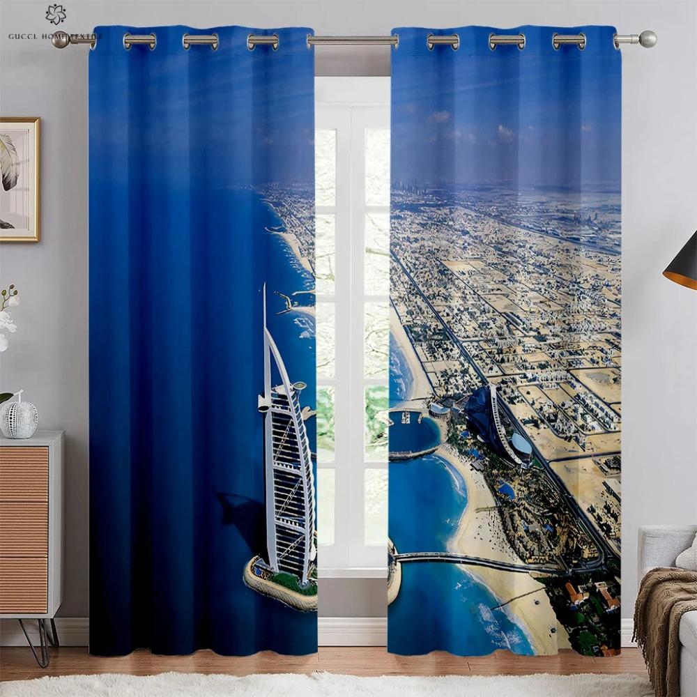 City Building Night View Seaside 3d Printed Curtains Living Room Kitchen Bedroom Decorative Curtains Easy To Wash And Care 2 Pcs