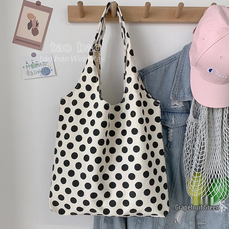 2025 Nordic Polka Dot Canvas Tote Bag - Japanese & Korean Style for College Students