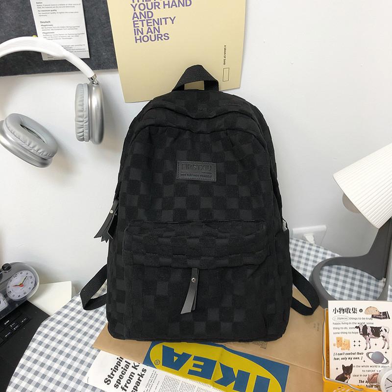 Простой свежий стиль клетчатый рюкзак большой вместимости унисекс студенческая школьная сумка чёрный
