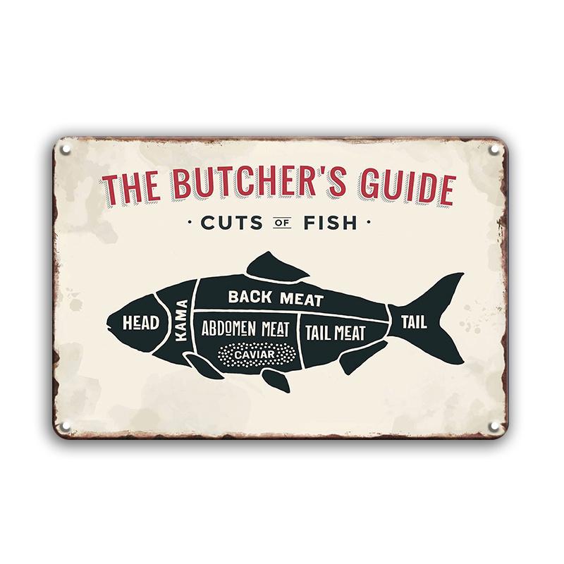 INEED Antikes „The Butcher's Guide“-Blechschild im Vintage-Stil, Tier-Küchen- und Marktdekor, Blechschild, Kunstposter, Metallplatte, Wanddekoration