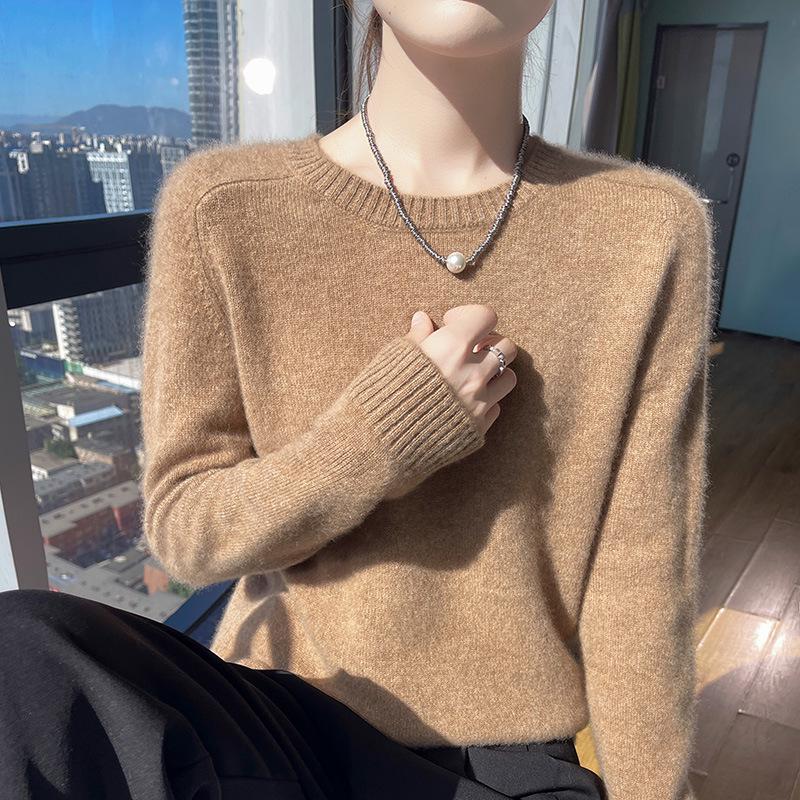 Women's Genuine Cashmere Seven-Gauge Thick Saddle Shoulder Round Neck Loose Solid Color Knit Sweater Base Layer