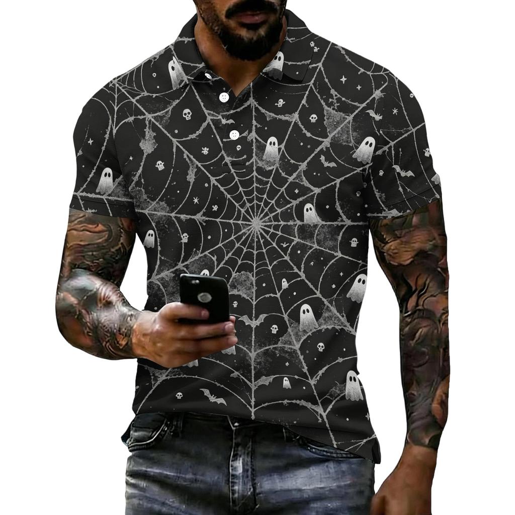 Men's Halloween Print Vintage Texture Short Sleeve Polo Shirt Loose Breathable Summer Sports Street Casual Daily Wear Top
