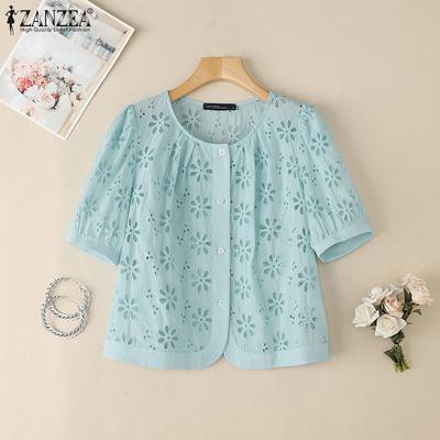Women Casual Hollow Lace Embroidery Round Neck Short Sleeve Blouse
